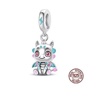925 Sterling Silver Dragon Charm Bracelet Pendant Enameled Colors Detail Kawaii
